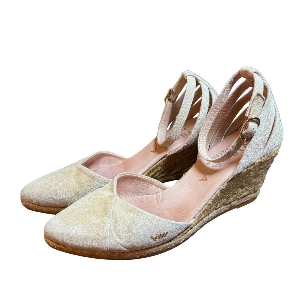 Viscata Barcelona Suede Espadrille Wedges Beige Ankle Strap Made in Spain 38 7.5